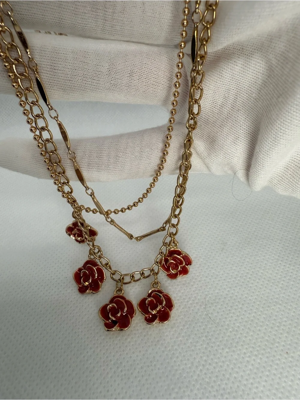 Disney! Gold-Tone Layered Necklace with Red Rose Charms